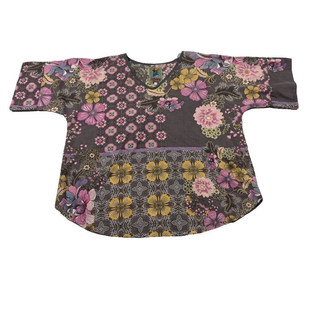 Johnny Was Womens Top V Neck Multicolored Floral Cotton Boho Peasant Blouse Sz L